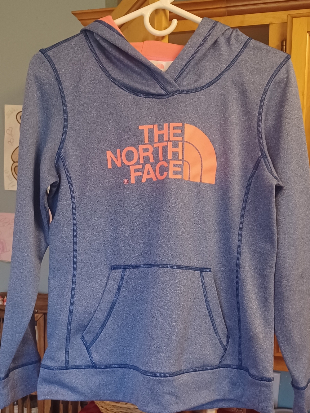 The North Face Girls Blue Heather Pullover Hoodie with Pink Logo